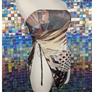 Edikted Cityscape Print Aysmetrical Strapless Y2K Top‎